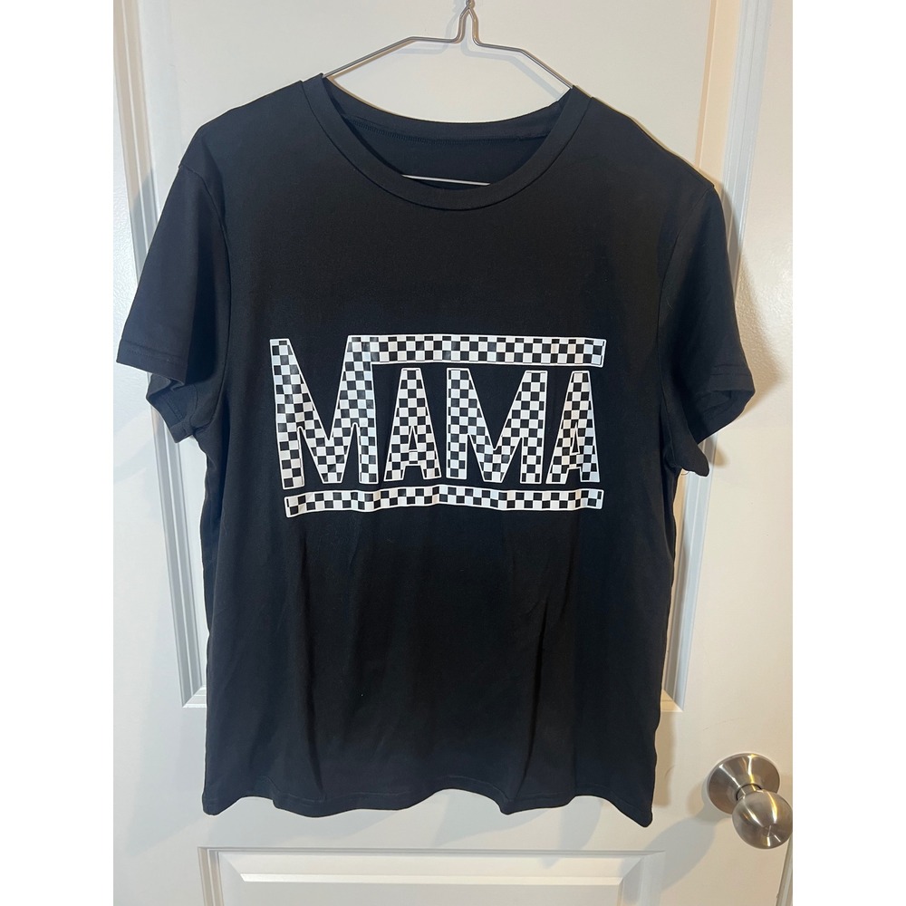 SHEIN‎ Women T-Shirt Checkerboard MAMA Graphic Black Large